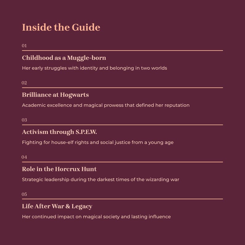 May include: A maroon-colored guide titled "Inside the Guide" with white text. The guide outlines key life events, including childhood, Hogwarts, activism, the Horcrux Hunt, and legacy. Each section has a brief description.