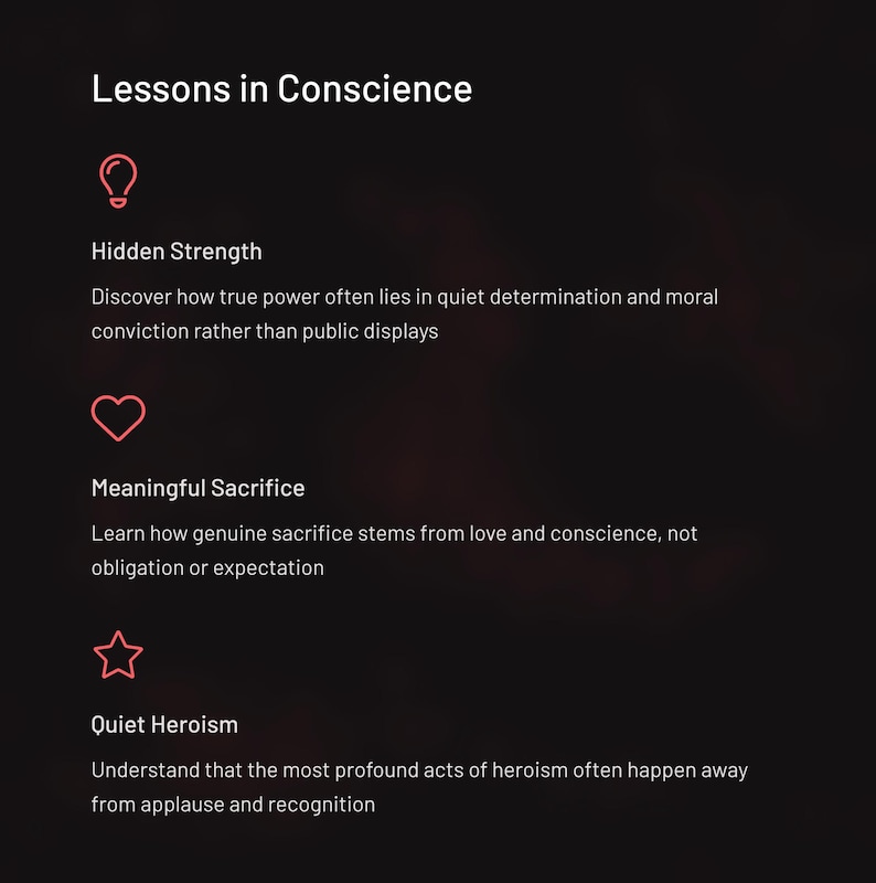 Pode incluir: Um fundo escuro com o texto "Lessons in Conscience" no topo. Abaixo est&atilde;o tr&ecirc;s se&ccedil;&otilde;es com t&iacute;tulos: "Hidden Strength", "Meaningful Sacrifice" e "Quiet Heroism". Cada se&ccedil;&atilde;o inclui uma breve descri&ccedil;&atilde;o do conceito.