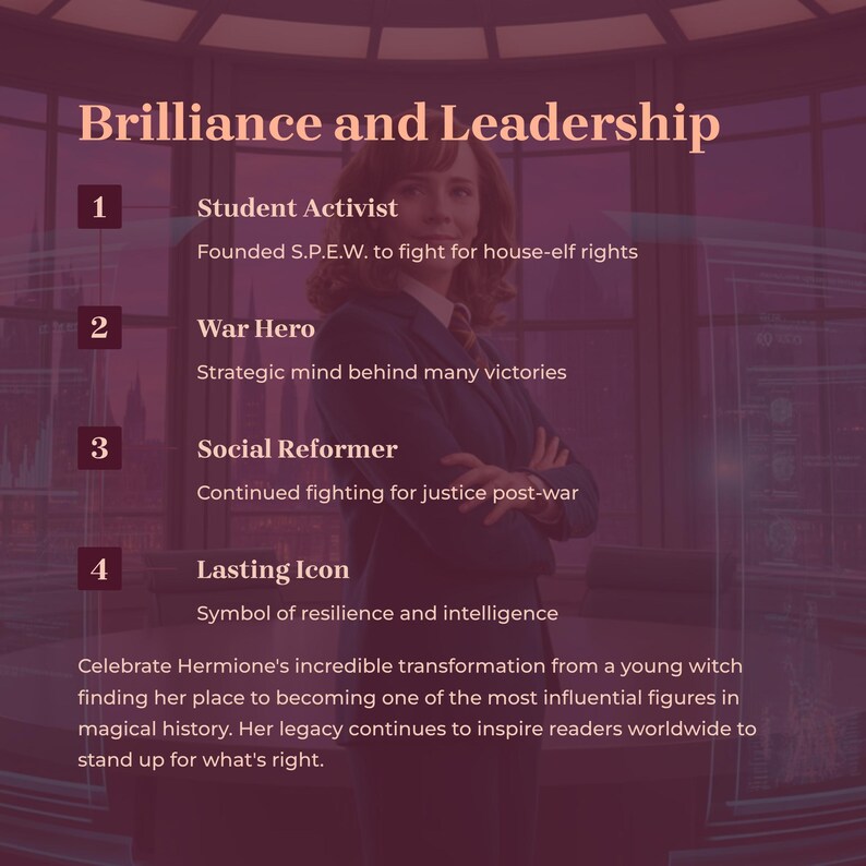 May include: A graphic with the title "Brilliance and Leadership" and a photo of a woman. The graphic lists four achievements: Student Activist, War Hero, Social Reformer, and Lasting Icon. Text celebrates her transformation.