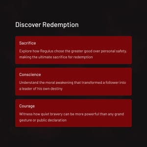 Pode incluir: Gr&aacute;fico digital com o t&iacute;tulo "Discover Redemption" e tr&ecirc;s blocos retangulares vermelhos. Cada bloco cont&eacute;m um t&iacute;tulo e uma breve descri&ccedil;&atilde;o: "Sacrifice", "Conscience" e "Courage". O fundo &eacute; escuro.