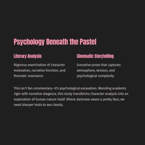 Może przedstawiać: Ciemne tło z tytułem "Psychologia pod pastelami" w kolorze r&oacute;żowym. Poniżej tekst podzielony jest na dwie kolumny: "Analiza literacka" i "Opowiadanie filmowe", każda z opisowym tekstem. Dolny tekst omawia psychologiczną ekscawację.