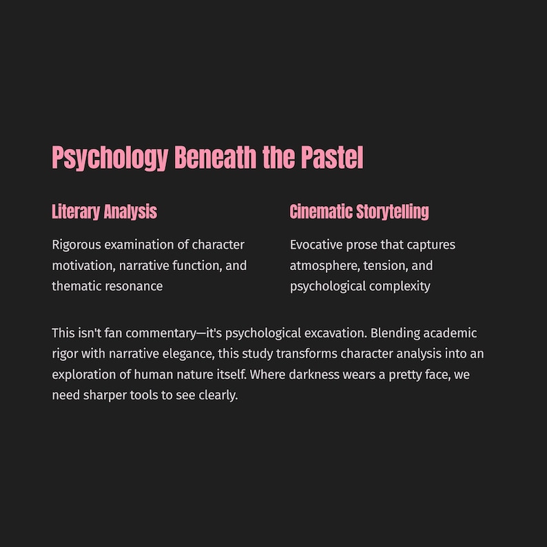 Może przedstawiać: Ciemne tło z tytułem "Psychologia pod pastelami" w kolorze r&oacute;żowym. Poniżej tekst podzielony jest na dwie kolumny: "Analiza literacka" i "Opowiadanie filmowe", każda z opisowym tekstem. Dolny tekst omawia psychologiczną ekscawację.