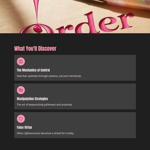 Może przedstawiać: Grafika z r&oacute;żowym słowem "Order", z r&oacute;żową cieczą kapiącą z g&oacute;ry. Poniżej sekcja zatytułowana "What You'll Discover" wymienia trzy tematy: "The Mechanics of Control", "Manipulation Strategies" i "False Virtue."