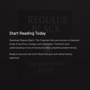 Pode incluir: Uma capa de livro escura com o t&iacute;tulo "Regulus Black" e "The Forgotten Hero" em letras em relevo. O texto "Start Reading Today" est&aacute; no topo, com uma descri&ccedil;&atilde;o abaixo. O fundo &eacute; cinza escuro.