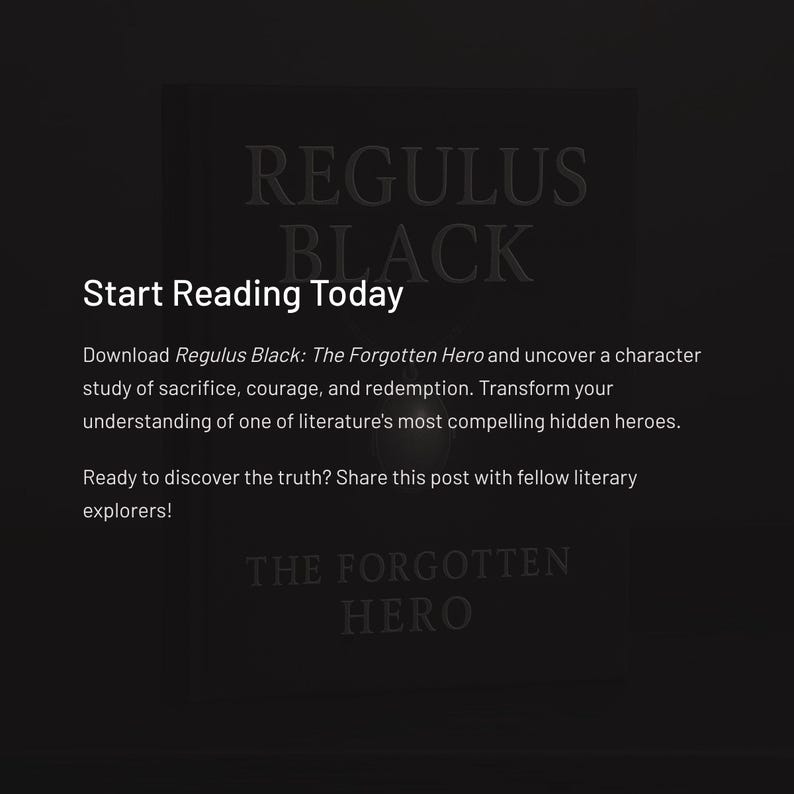 Pode incluir: Uma capa de livro escura com o t&iacute;tulo "Regulus Black" e "The Forgotten Hero" em letras em relevo. O texto "Start Reading Today" est&aacute; no topo, com uma descri&ccedil;&atilde;o abaixo. O fundo &eacute; cinza escuro.