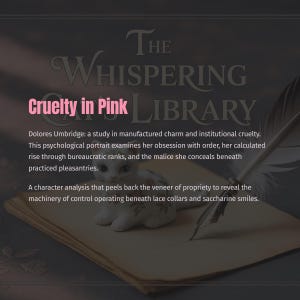Może przedstawiać: Obraz przedstawia tytuł "The Whispering Library" z "Cruelty in Pink" w kolorze r&oacute;żowym. Mała biała figurka kota leży na papierze obok pi&oacute;ra. Tekst opisuje analizę postaci.