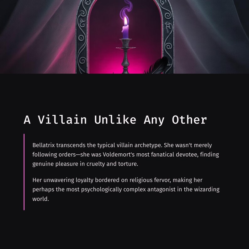 May include: Image features a purple candle in a decorative holder, set against a dark background with the text "A Villain Unlike Any Other." The text describes a complex antagonist.