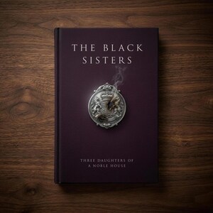 May include: A dark purple hardcover book titled The Black Sisters, Three Daughters of a Noble House. The cover features a centered silver circular emblem depicting a coat of arms with two lions and a crown, with wisps of smoke rising from it.