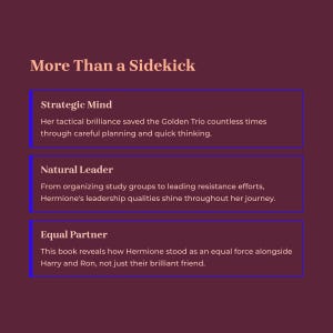 May include: A maroon graphic with the text "More Than a Sidekick." The text is followed by three sections: "Strategic Mind," "Natural Leader," and "Equal Partner." Each section contains a brief description of Hermione's qualities.