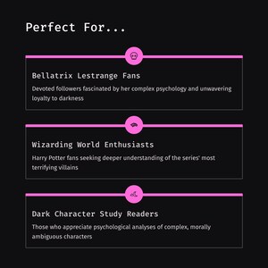May include: Black graphic with the text "Perfect For..." and three pink-bordered boxes. The boxes list "Bellatrix Lestrange Fans," "Wizarding World Enthusiasts," and "Dark Character Study Readers."