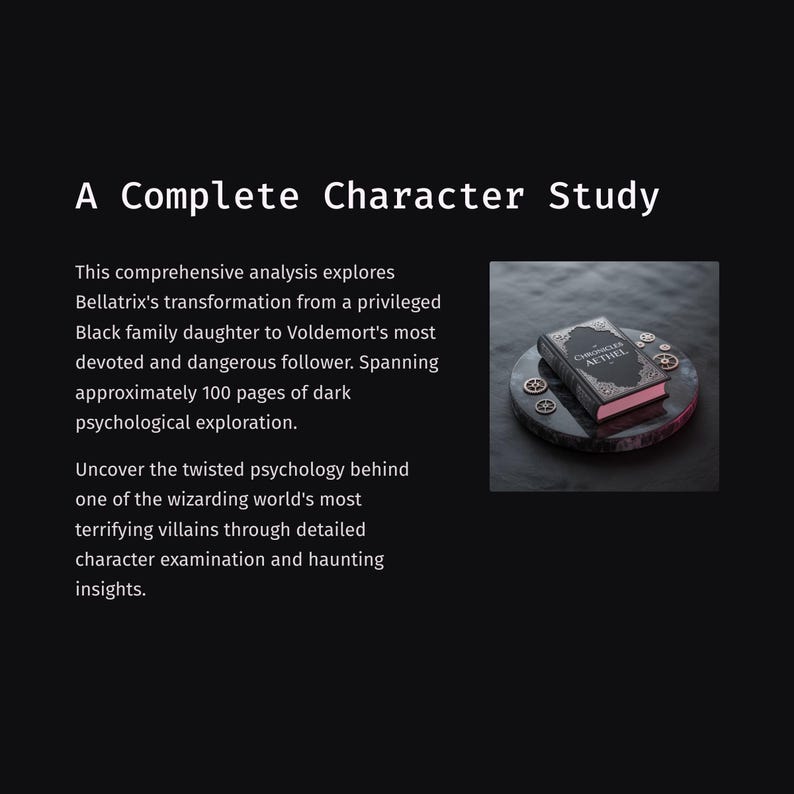 May include: A book titled "A Complete Character Study" with the word "AETHEL" on the cover, resting on a dark, circular platform. The book has a dark cover and pink pages. The platform has decorative metal accents.