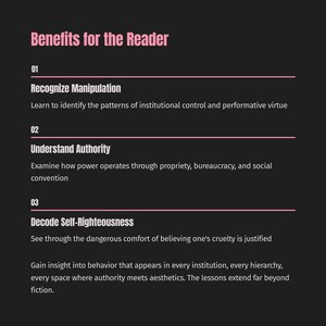 Może przedstawiać: Grafika z tytułem "Benefits for the Reader" w r&oacute;żowym tekście na czarnym tle. Wymienia trzy korzyści: Rozpoznawanie manipulacji, Zrozumienie autorytetu i Dekodowanie samoprawiedliwości, każda z kr&oacute;tkim opisem.