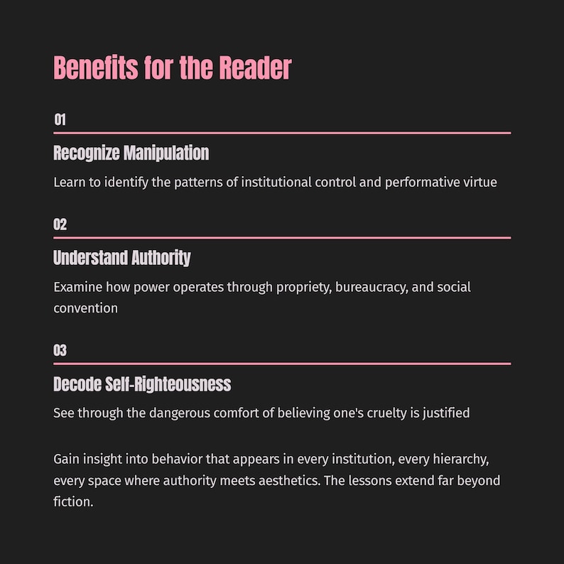 Może przedstawiać: Grafika z tytułem "Benefits for the Reader" w r&oacute;żowym tekście na czarnym tle. Wymienia trzy korzyści: Rozpoznawanie manipulacji, Zrozumienie autorytetu i Dekodowanie samoprawiedliwości, każda z kr&oacute;tkim opisem.