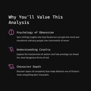 May include: A dark background with white text and pink icons. The text reads "Why You'll Value This Analysis" followed by three sections: "Psychology of Obsession", "Understanding Cruelty", and "Character Depth".
