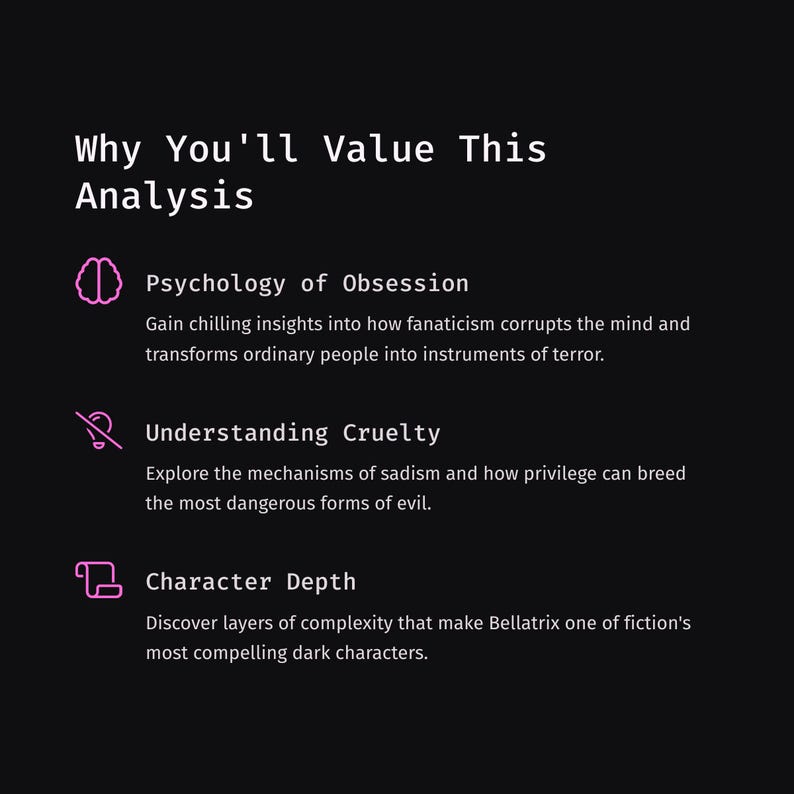 May include: A dark background with white text and pink icons. The text reads "Why You'll Value This Analysis" followed by three sections: "Psychology of Obsession", "Understanding Cruelty", and "Character Depth".