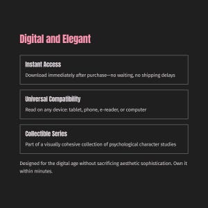 Może przedstawiać: Reklama sztuki cyfrowej z nagł&oacute;wkiem "Digital and Elegant" w kolorze r&oacute;żowym. Podkreśla natychmiastowy dostęp, uniwersalną kompatybilność i kolekcjonerską serię studi&oacute;w postaci psychologicznych, podkreślając estetyczne wyrafinowanie.
