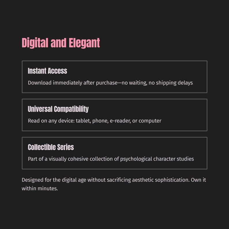 Może przedstawiać: Reklama sztuki cyfrowej z nagł&oacute;wkiem "Digital and Elegant" w kolorze r&oacute;żowym. Podkreśla natychmiastowy dostęp, uniwersalną kompatybilność i kolekcjonerską serię studi&oacute;w postaci psychologicznych, podkreślając estetyczne wyrafinowanie.