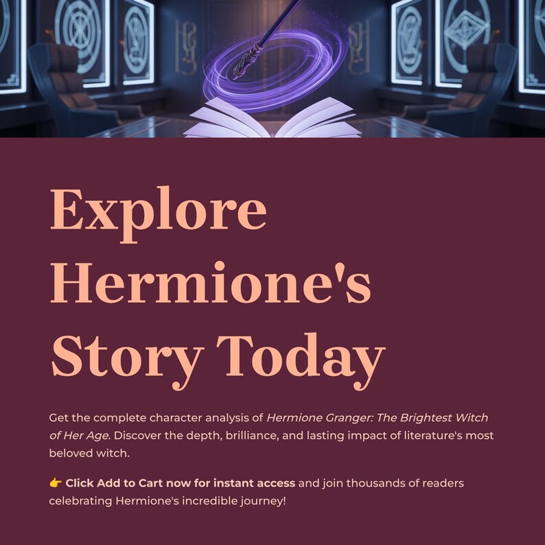 May include: An open book with glowing pages and a wand emitting purple light, with the text "Explore Hermione's Story Today". The image has a dark purple background with text that reads "Get the complete character analysis of Hermione Granger".