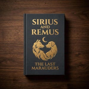 Op de afbeelding: Een zwart hardcover boek met goudfolie belettering en illustraties. De kaft bevat de tekst Sirius and Remus en The Last Marauders, met een centrale afbeelding van een wolf en een hond die tegenover elkaar staan onder een halve maan symbool.