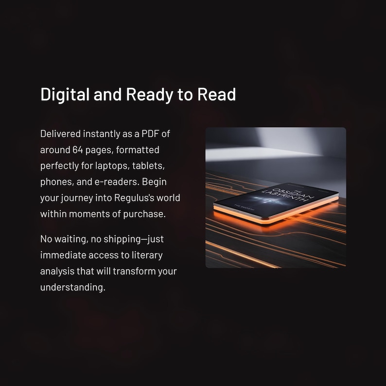 Pode incluir: Imagem de um livro digital intitulado "The Obsidian Labyrinth" em uma superf&iacute;cie escura com linhas laranja brilhantes. O texto "Digital and Ready to Read" est&aacute; no topo. &Eacute; mencionado um formato PDF, cerca de 64 p&aacute;ginas, para v&aacute;rios dispositivos.