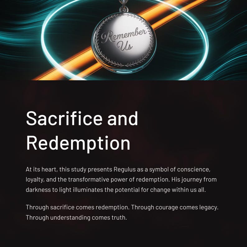 Pode incluir: Um pingente de prata com as palavras "Remember Us" gravadas, pendurado em um fundo desfocado de luz turquesa e laranja. O texto "Sacrifice and Redemption" &eacute; exibido abaixo.