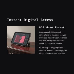 May include: A digital tablet displaying a book graphic, with the text "Instant Digital Access" and "PDF eBook Format." The description mentions approximately 100 pages of character analysis, downloadable for any device.