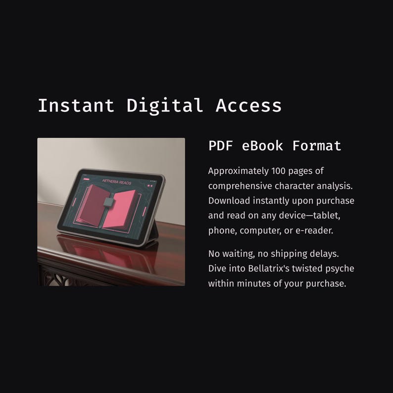 May include: A digital tablet displaying a book graphic, with the text "Instant Digital Access" and "PDF eBook Format." The description mentions approximately 100 pages of character analysis, downloadable for any device.