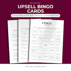 以下が含まれることがあります： 36枚のユニークな印刷可能なカードを備えた、Upsell Bingo Cardsの印刷可能なPDF。各カードには、「Premium Beer」や「Add Avocado」などの正方形があるビンゴグリッドがあります。「Upsell Bingo」というテキストが上部にあります。