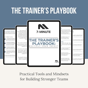 May include: A digital display of "The Trainer's Playbook" on multiple tablets. The title is in bold white letters against a dark background. The tablets display text and graphics, with the phrase "Multiply Your Impact" prominently featured.