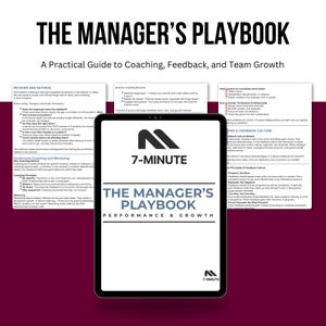May include: A digital tablet displays "THE MANAGER'S PLAYBOOK" with the text "A Practical Guide to Coaching, Feedback, and Team Growth." The tablet shows the "7-MINUTE" logo and the words "PERFORMANCE & GROWTH."