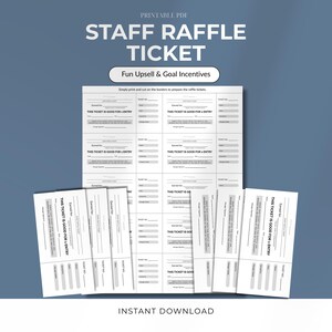 Könnte beinhalten: Ein druckbares PDF mit dem Text "STAFF RAFFLE TICKET" und "Fun Upsell & Goal Incentives". Das Bild zeigt mehrere weiße Tombola-Tickets mit dem Text "THIS TICKET IS GOOD FOR 1 ENTRY".