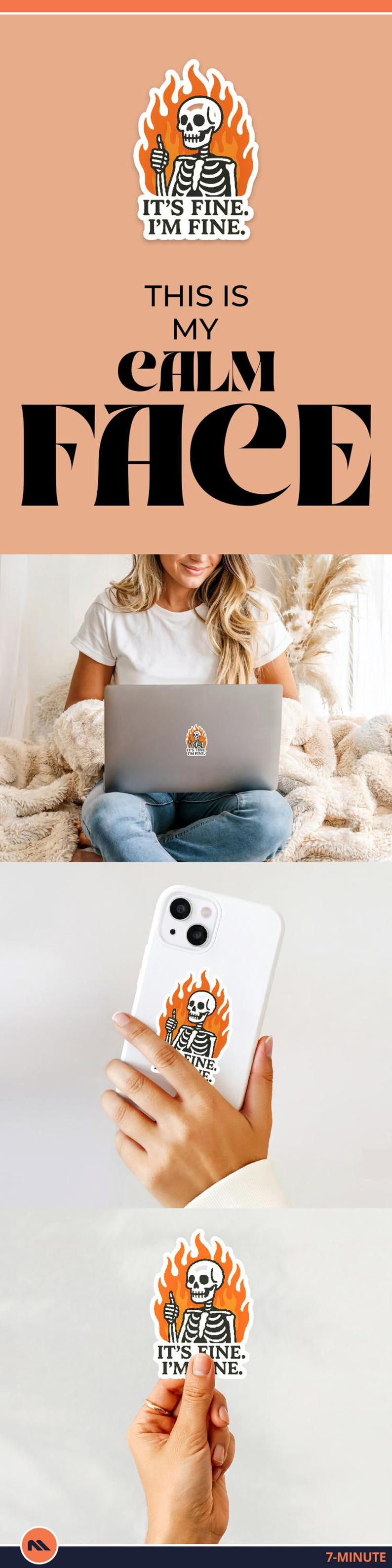 May include: A sticker featuring a skeleton giving a thumbs up, surrounded by flames, with the text "IT'S FINE. I'M FINE." The image also shows the text "THIS IS MY CALM FACE."