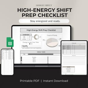 以下が含まれることがあります： 「HIGH-ENERGY SHIFT PREP CHECKLIST」と「Stay energized and ready」のテキストが入ったデジタルグラフィック。タブレット、携帯電話、ラップトップに、グラフとTo-Doリストが表示されたチェックリストが表示されています。Google Sheetsのロゴが表示されています。