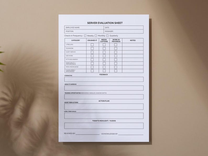 Restaurant Server Evaluation Form Staff Assessment Template Printable ...