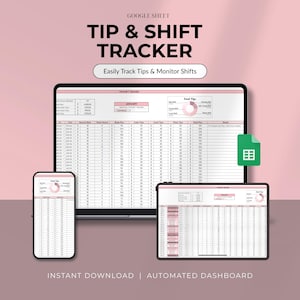 Op de afbeelding: Een digitale tip- en shifttracker weergegeven op een laptop, tablet en smartphone. De tekst "TIP & SHIFT TRACKER" staat bovenaan, met "Easily Track Tips & Monitor Shifts" eronder. De woorden "INSTANT DOWNLOAD | AUTOMATED DASHBOARD" staan onderaan.