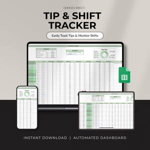 Op de afbeelding: Een digitale tip- en shifttracker weergegeven op een laptop, tablet en smartphone. De spreadsheet toont gegevens voor het bijhouden van tips en het monitoren van shifts. De tekst luidt "TIP & SHIFT TRACKER" en "Easily Track Tips & Monitor Shifts". De onderste tekst zegt "INSTANT DOWNLOAD | AUTOMATED DASHBOARD".