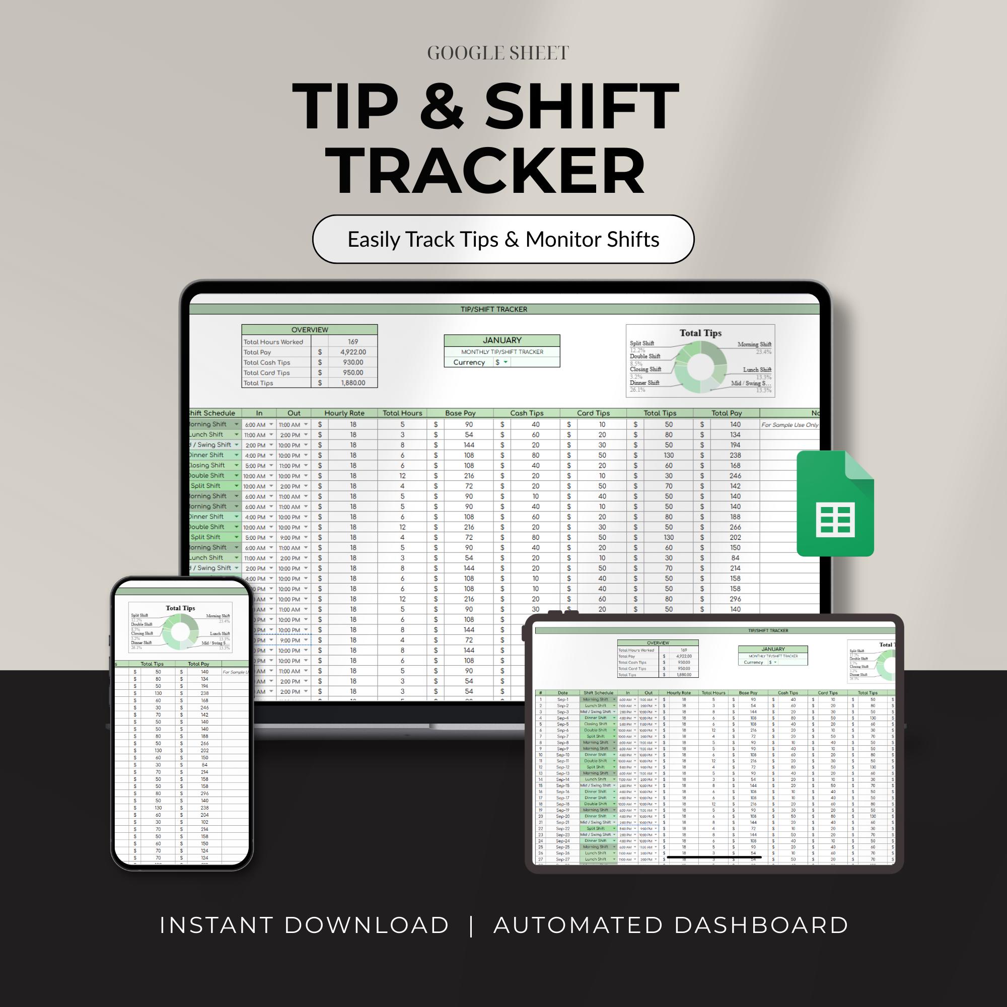 Tip Program Income Digital Income Tracker Server Tips Record Restaurant Worker Tip Tracker ...