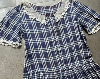 20s 30s Drop Waist Plaid Cotton Voile Day Dress with Lace Collar Size S / M