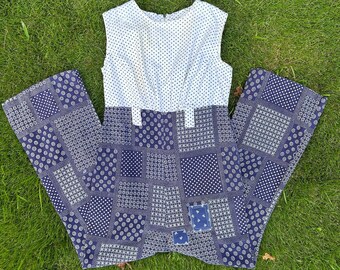 60s Blue and White Bandana Patchwork Print Cotton Flared Jumpsuit Size XS / S