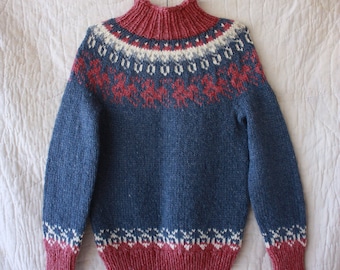 Vintage Hand Knit Wool Blue and Pink Fair Isle Mock Neck Sweater Size XS / S