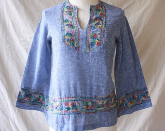 60s Gauzy Embroidered Hippie Tunic Blouse with Bell Sleeves Size S