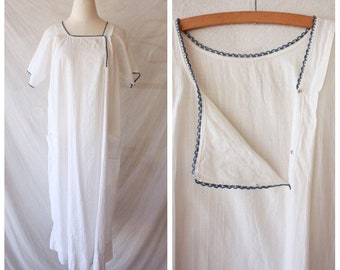 Edwardian 20s White Cotton Nursing Nightgown with Blue Trim Free Size