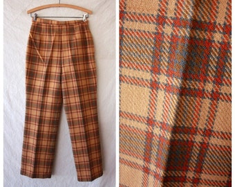 70s Plaid Side Zip Knit Pants Mustard Yellow Trousers High Waisted 27 Waist