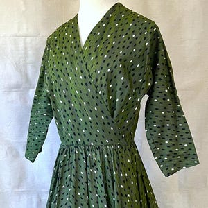 50s R&K Originals Chartreuse Green Polished Cotton Polka Dot Wrap Dress Size S