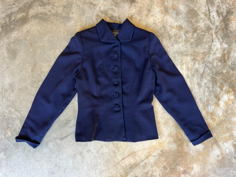 40s Navy Blue Wool Gabardine Suit Jacket Blazer by Swansdown Size XS / S image 2