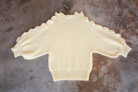 80s Hand Knit Cutout Sweater Cream Batwing Sleeve… - image 1