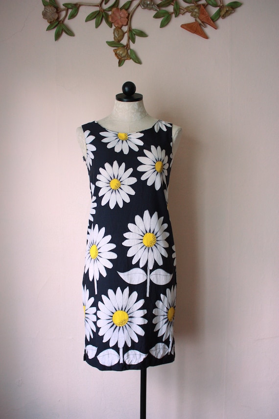 60s Daisy Print Shift Dress Navy Blue and Yellow S