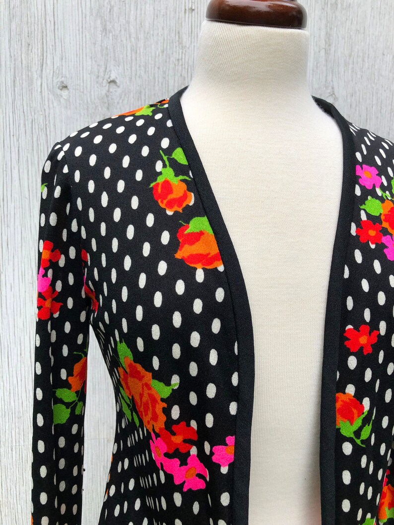 60s 70s Lightweight Polyester Bolero Cardigan Black Polka Dot Neon Floral Size M L