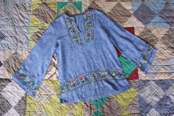 60s Gauzy Embroidered Hippie Tunic Blouse with Be… - image 3