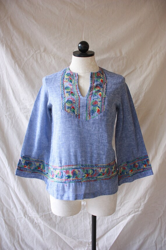 60s Gauzy Embroidered Hippie Tunic Blouse with Be… - image 1